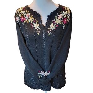 Vintage Capacity Black Knit Long Sleeve Sweater With Floral Ribbon Embroidery